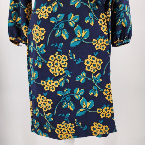 J Crew Floral Wrap Dress 0 V Neck 3/4 Sleeve Style K0109 Navy Blue Yellow Career - Picture 7 of 11